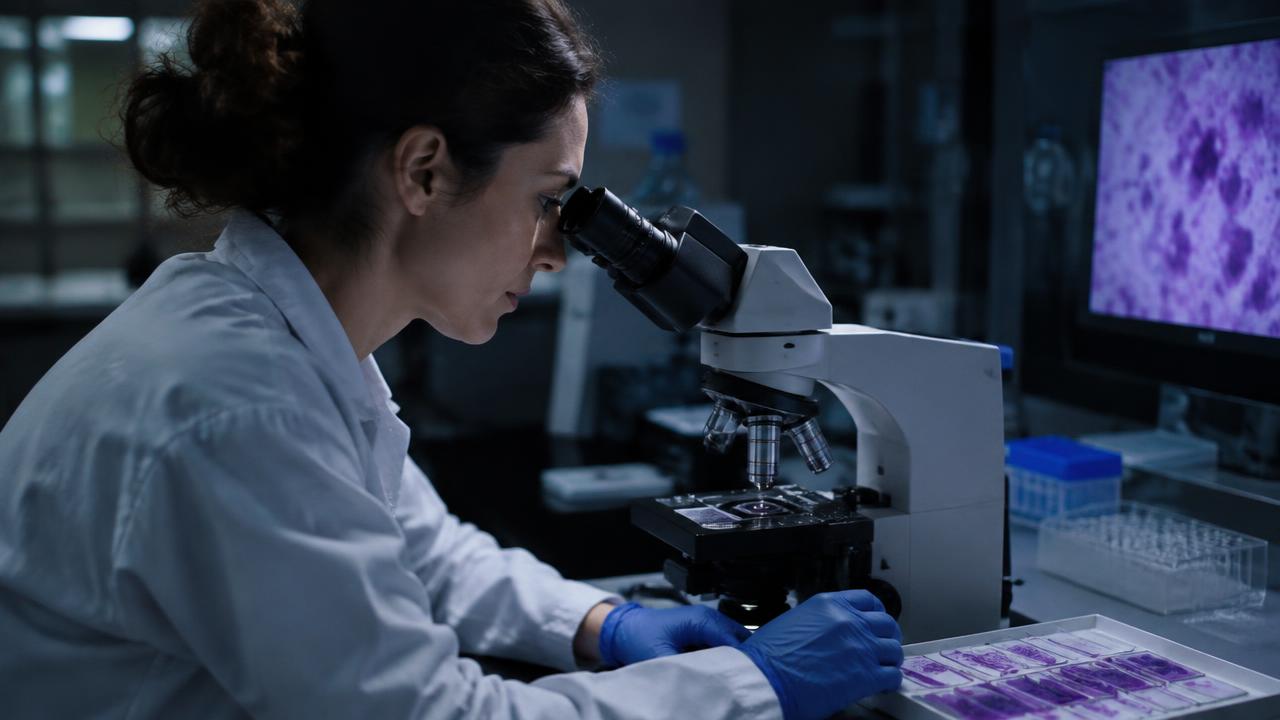 A cancer researcher examines cell samples.