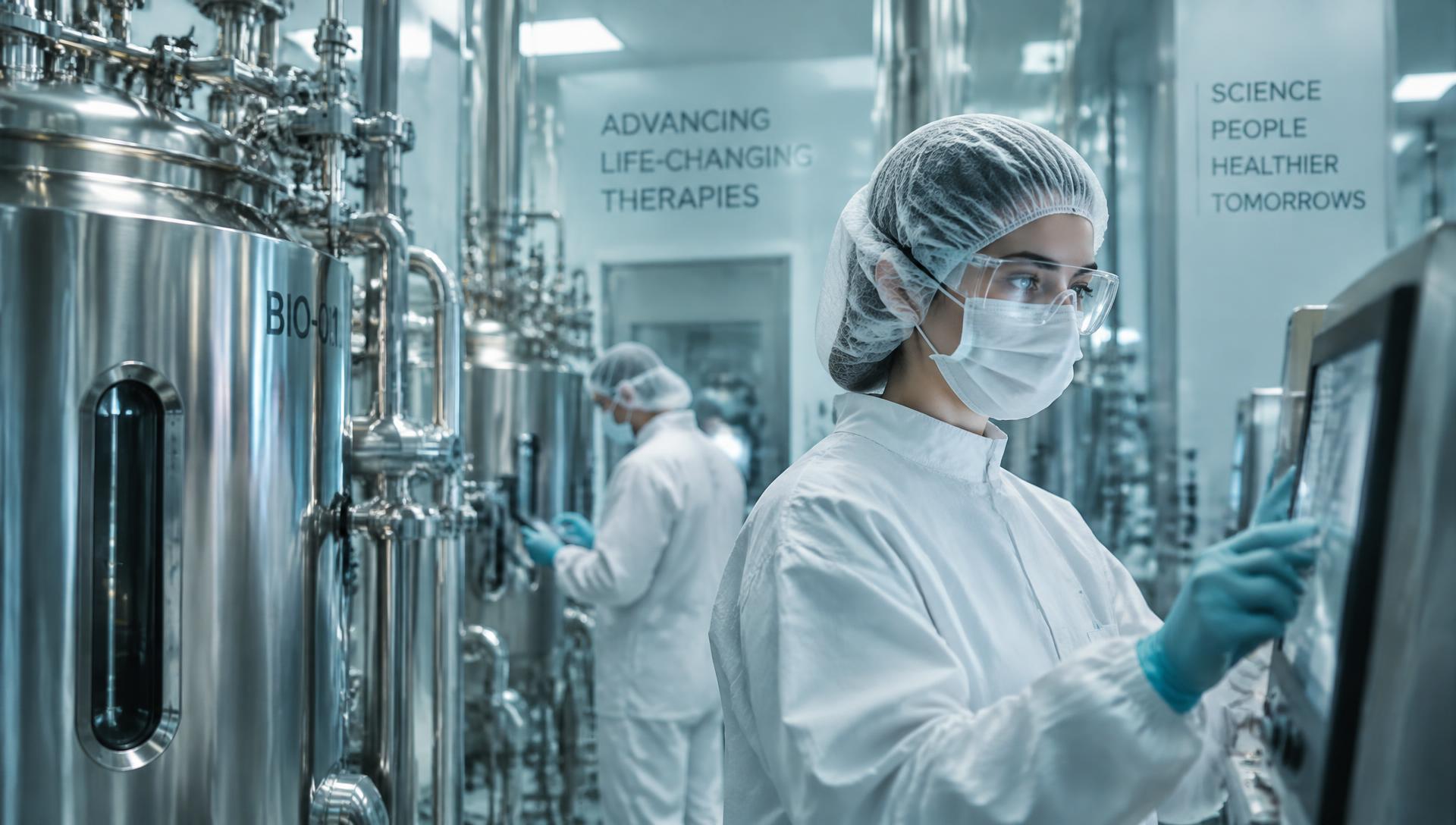 Scientists at work in a biopharmaceutical cleanroom.