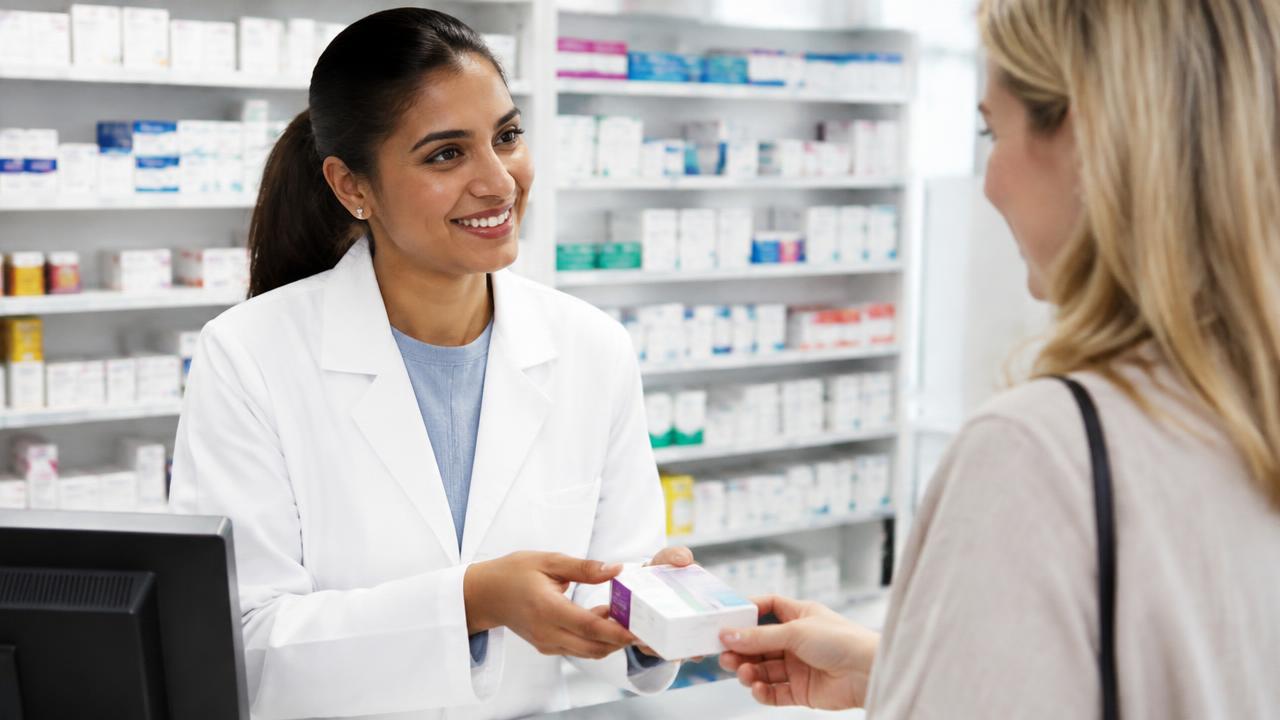A pharmacist hands over a newly reimbursed medicine.